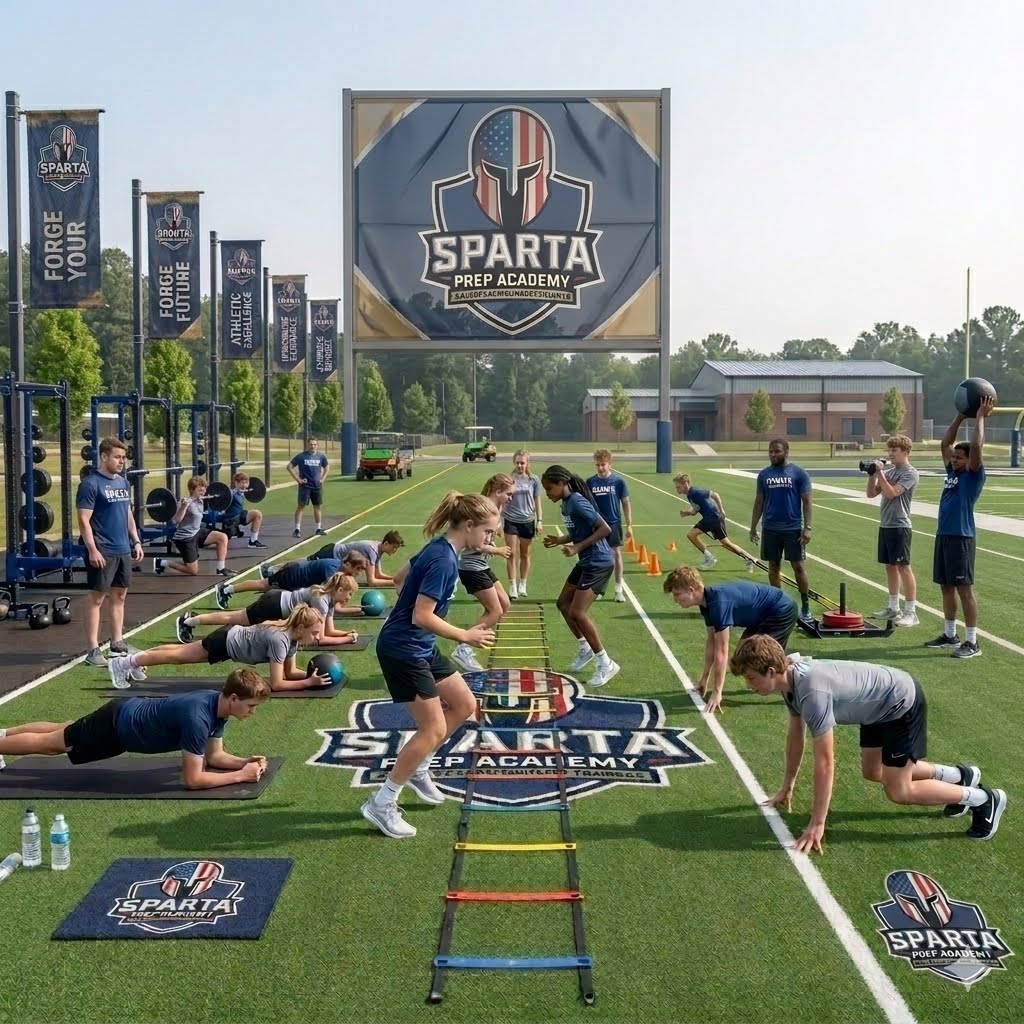 Sparta Prep Academy student athletes training on turf